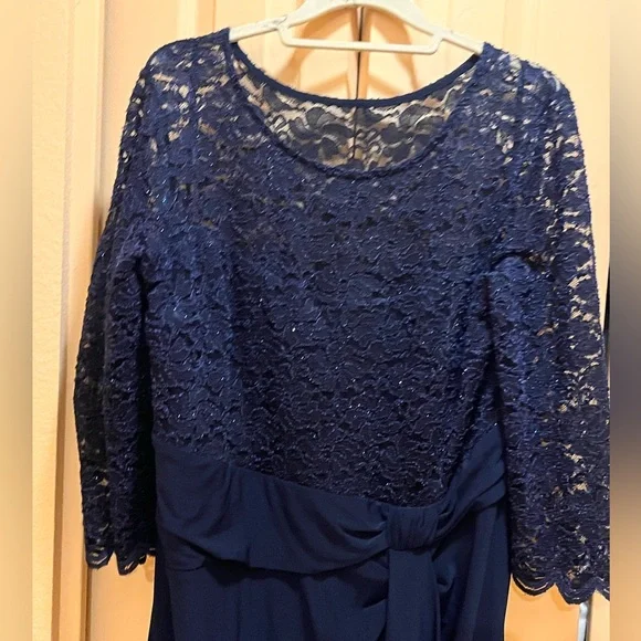 Marina evening formal dress. Cascade ruffle, lace sparkle bodice. Navy blue. 22 - Picture 5 of 16